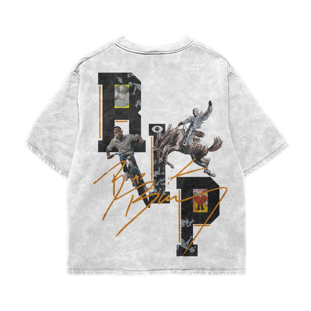 Back view of the Bad Bunny Legacy Tee showing album collage artwork