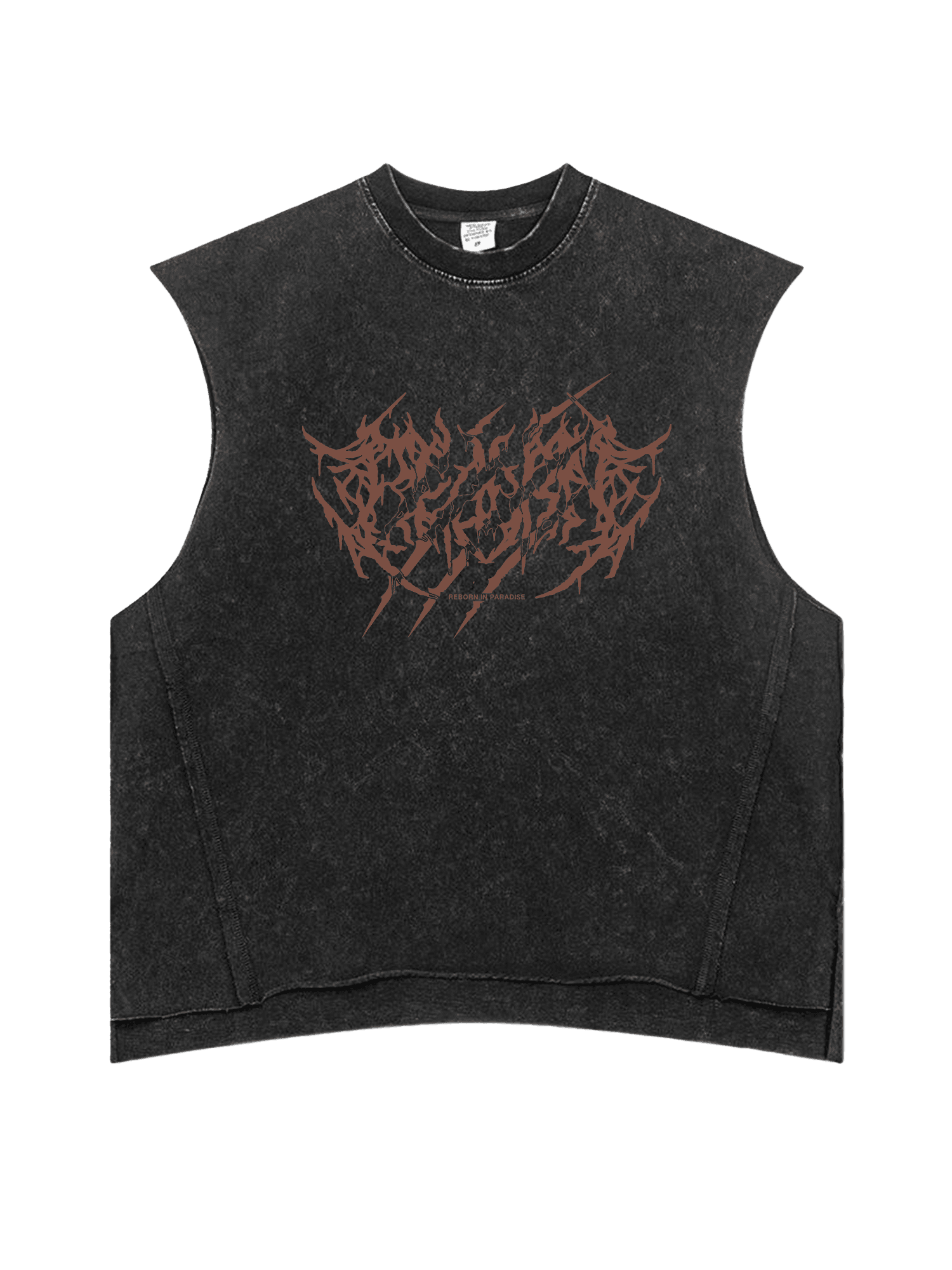 Black sleeveless shirt with red graphic design on a white background lion design