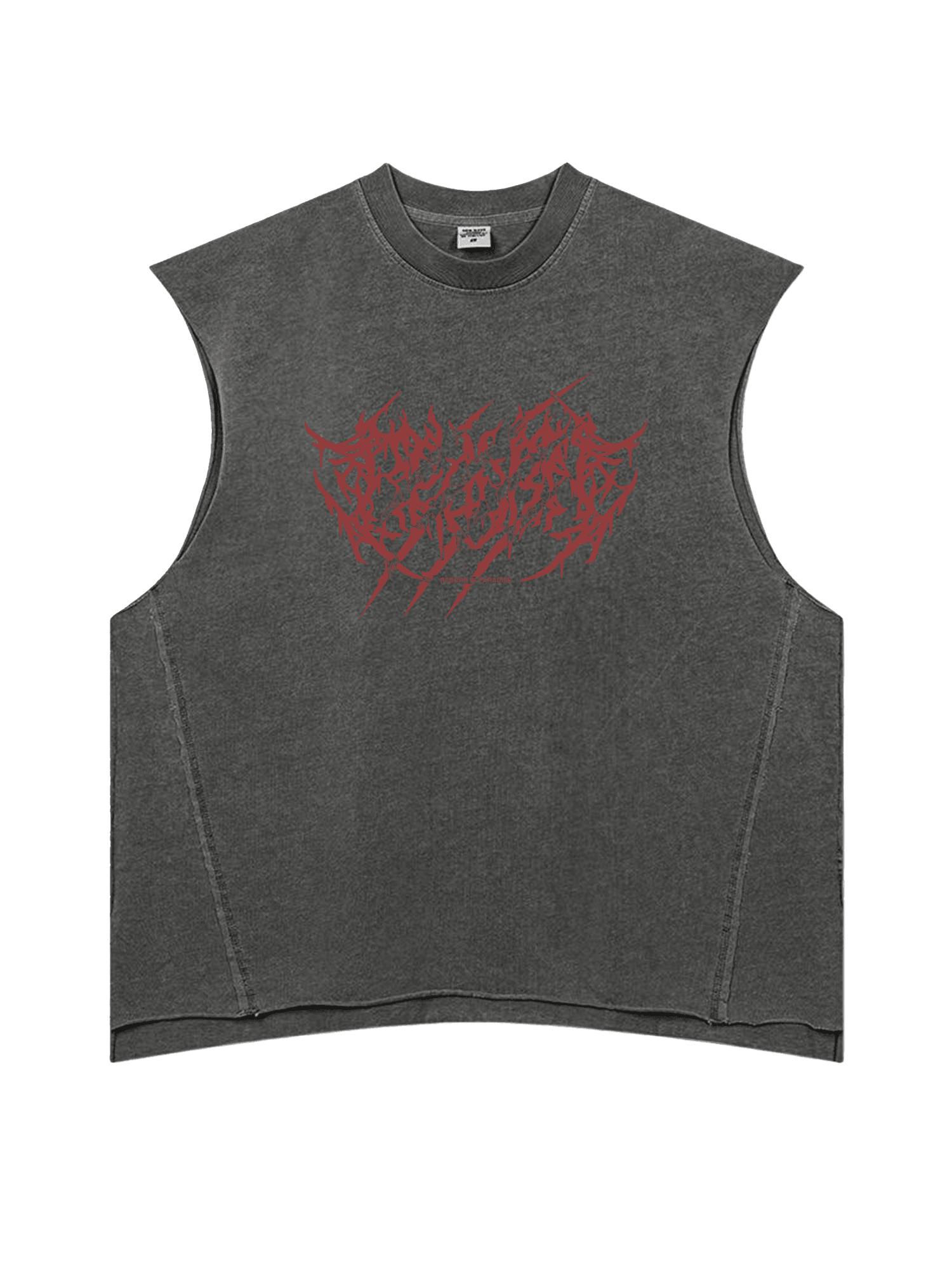 Gray sleeveless shirt with red graphic design on a white background bear design
