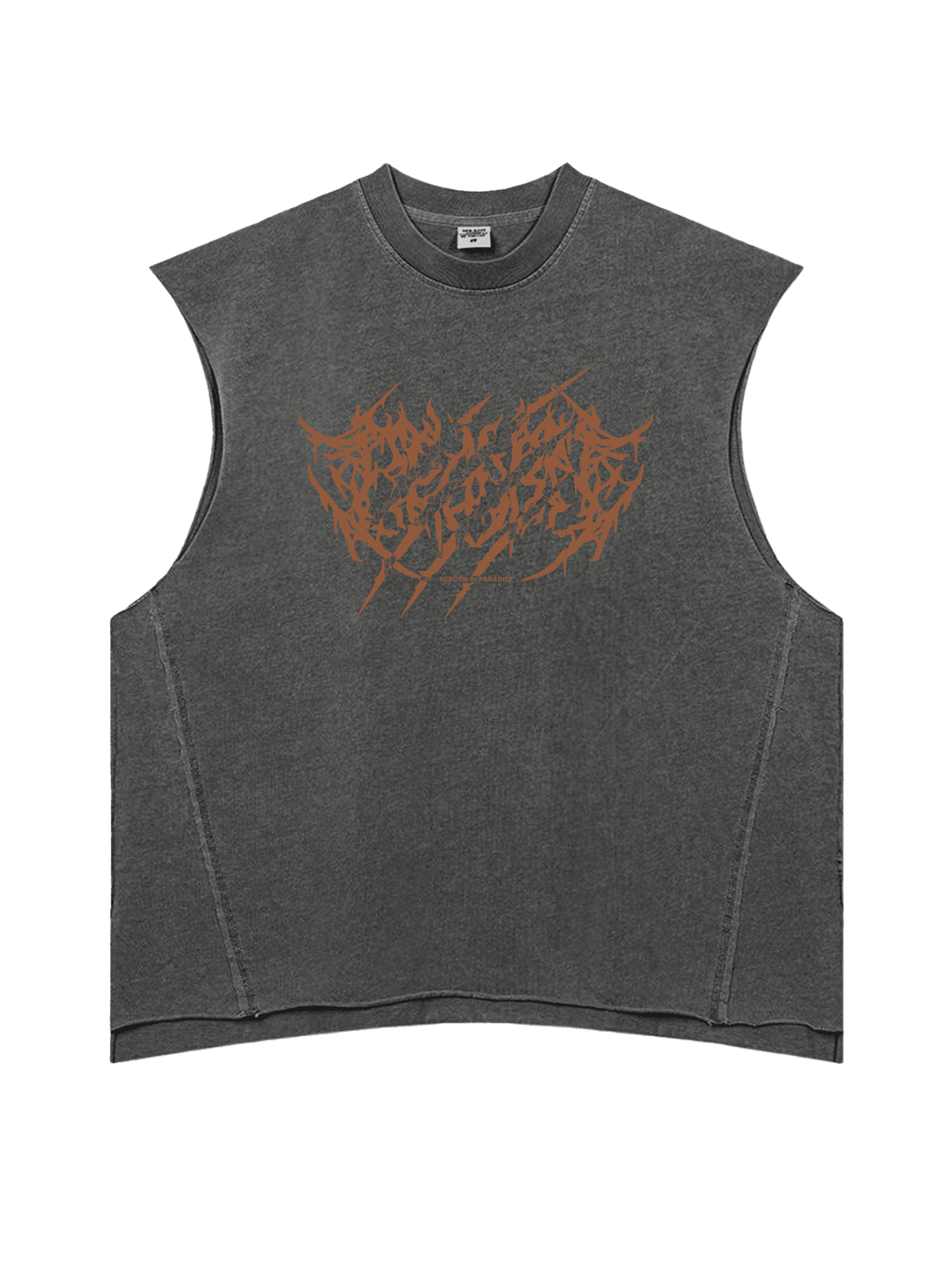 Gray sleeveless shirt with orange graphic design on a white background tiger design