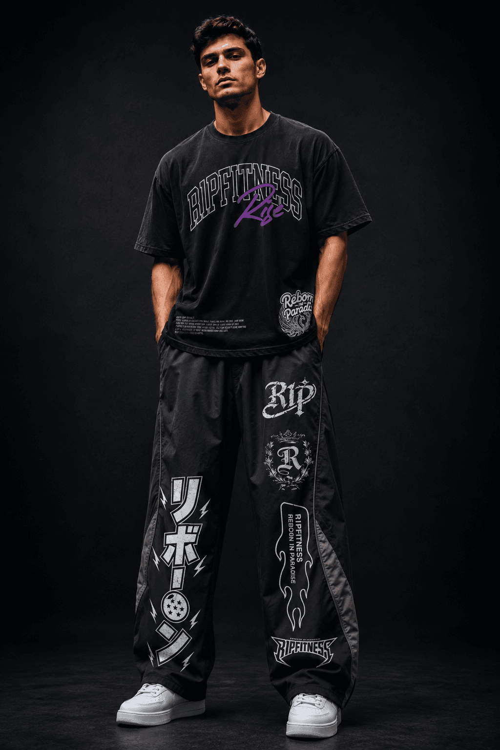 unisex black graphic wide leg track pants front r1pfitness