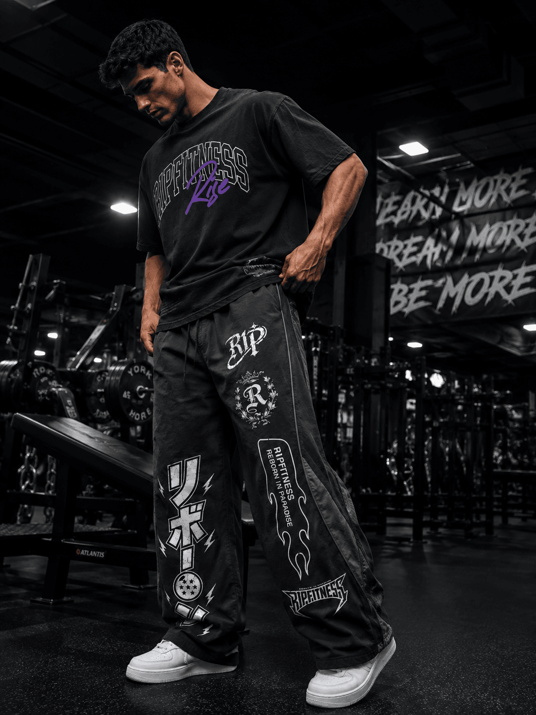unisex black graphic wide leg track pants front gym image r1pfitness