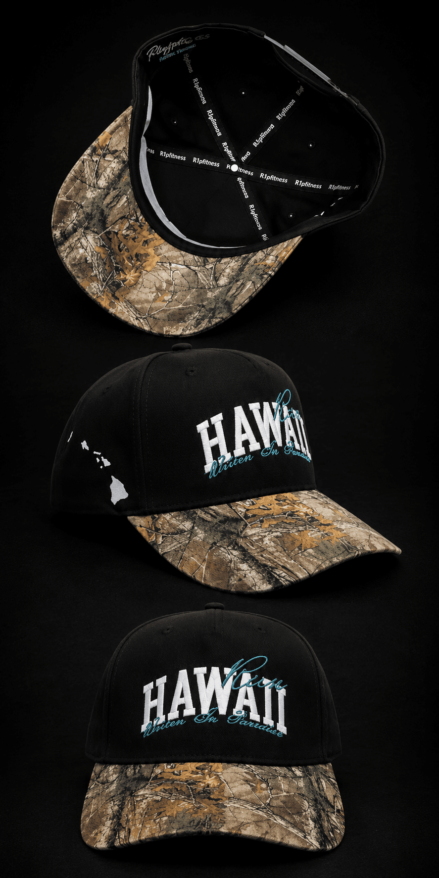 unisex black hawaii graphic camo brim snapback cap side r1pfitness 3 sides