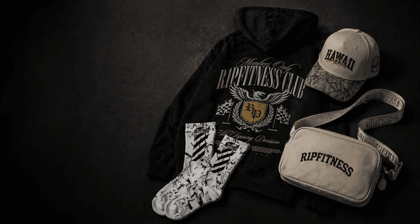 R1P apparel and accessories, including a graphic tee, Hawaii cap and crossbody bag.