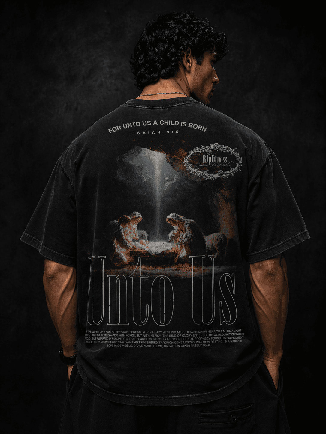 Unto Us A Child Is Born — Isaiah 9:6 Nativity Tee male version — R1P FITNESS Faith Collection