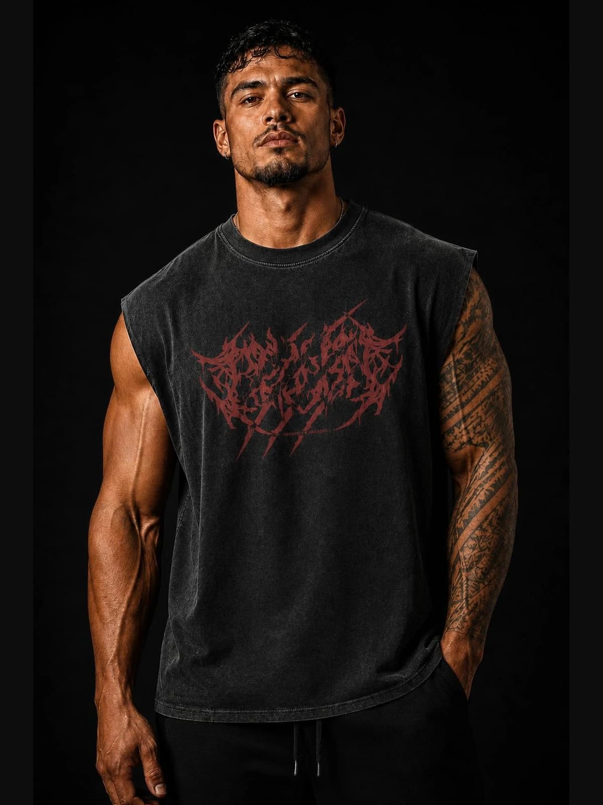 Beast Mode Bear Cut-Off Tee detail close-up. oversized apparel. R1P Fitness, Waipahu, HI. fabric texture and print detail
