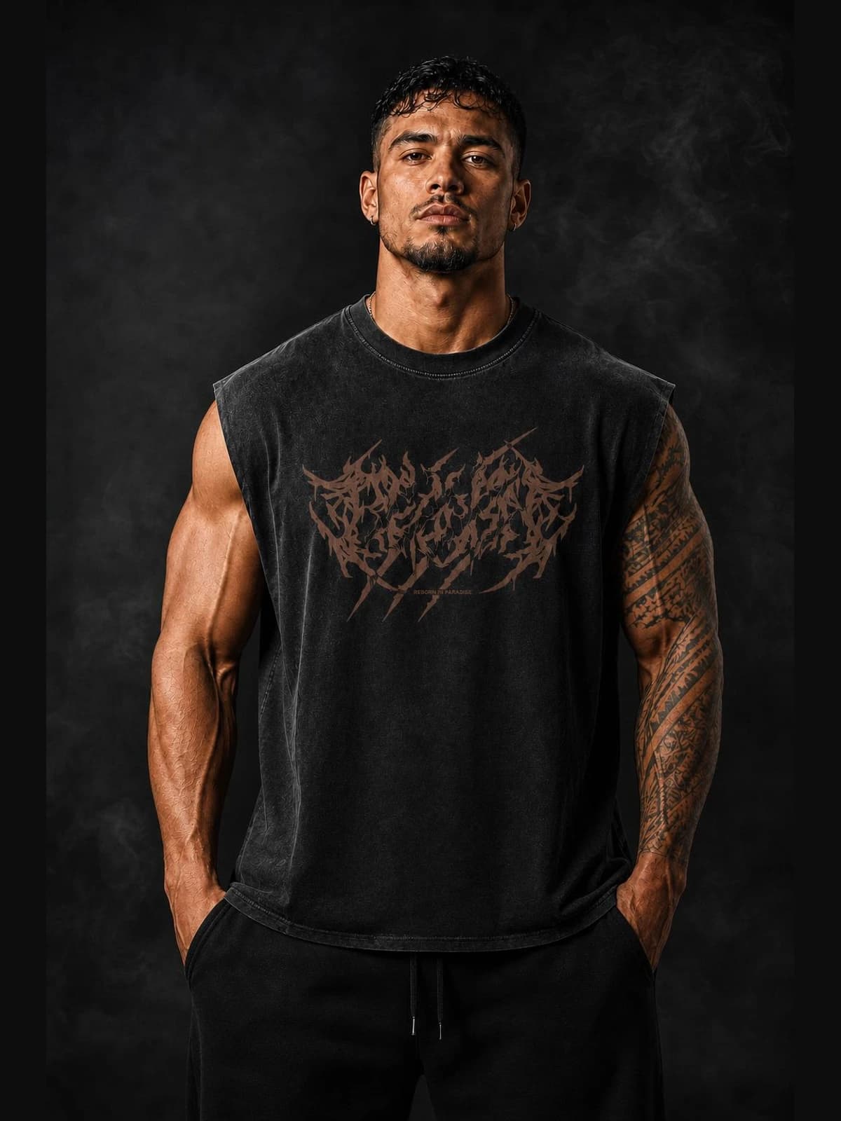 Beast Mode Lion Cut-Off Tee detail close-up. oversized apparel. R1P Fitness, Waipahu, HI. fabric texture and print detail