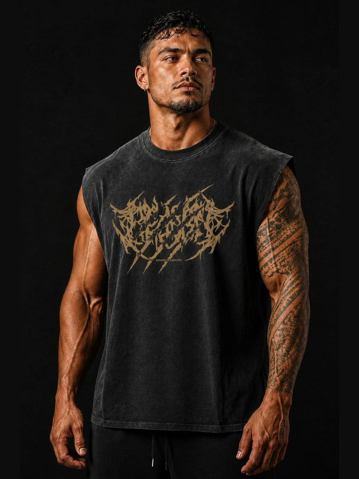 Beast Mode Tiger Cut-Off Tee detail close-up. oversized apparel. R1P Fitness, Waipahu, HI. fabric texture and print detail