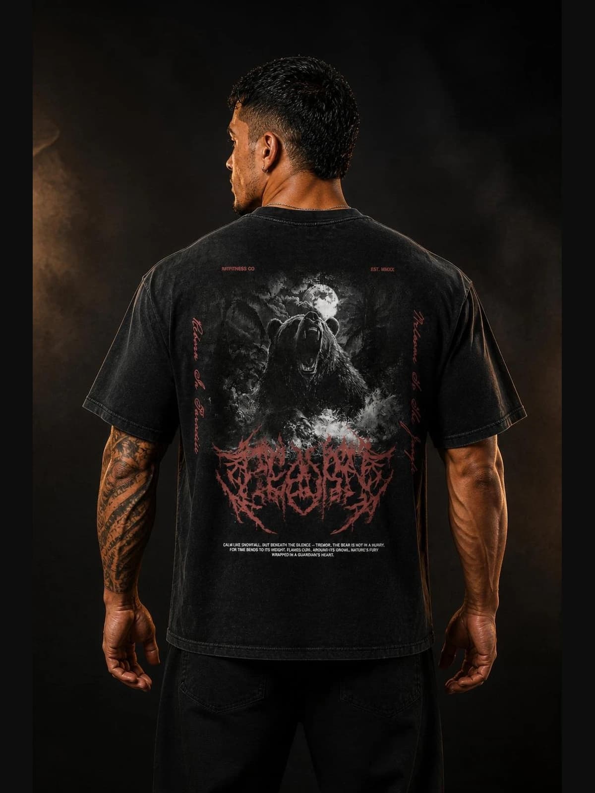 Bear: Frozen Fury — Vintage Wash Oversized Tee | R1PFITNESS back view. oversized apparel. R1P Fitness, Waipahu, HI