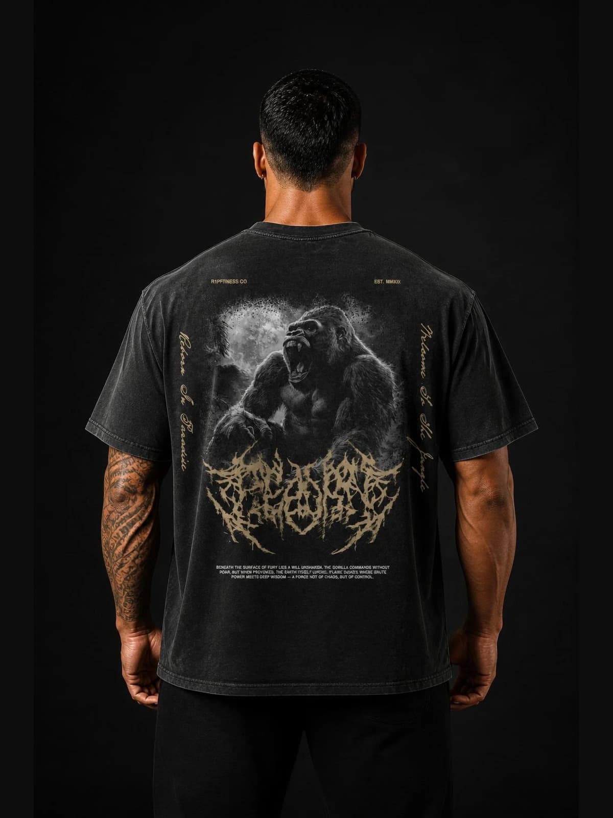 Gorilla: Iron Will — Vintage Wash Oversized Tee | R1PFITNESS back view. oversized apparel. R1P Fitness, Waipahu, HI