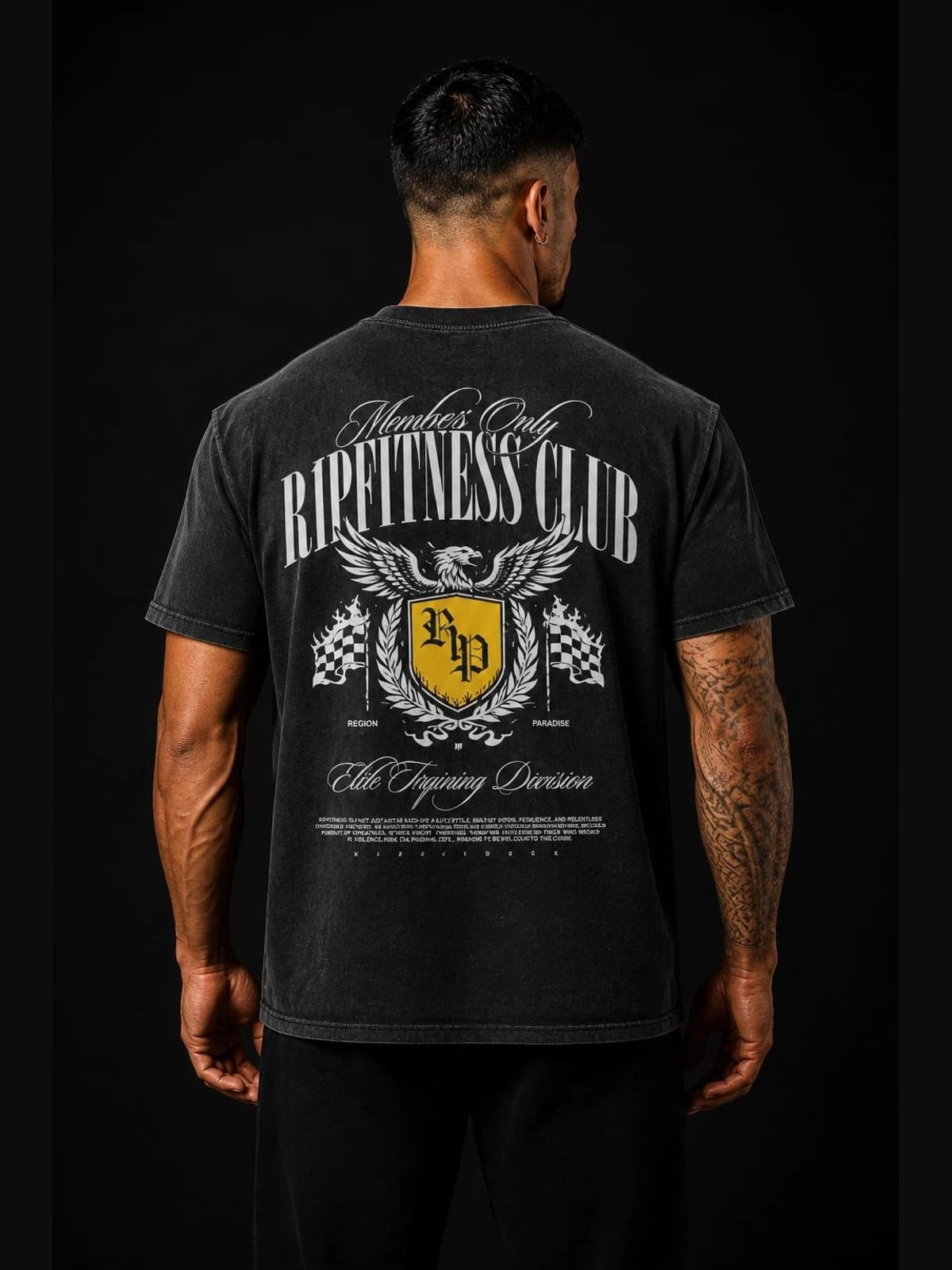 Members Only R1P Fitness Club – Black Tee back view. oversized apparel. R1P Fitness, Waipahu, HI