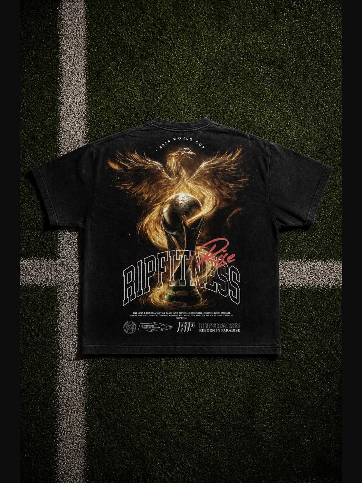 R1P World Cup 2026 Phoenix Rise Oversized Tee flat lay. oversized r1pfitness world cup 2026 collection. R1P Fitness,…