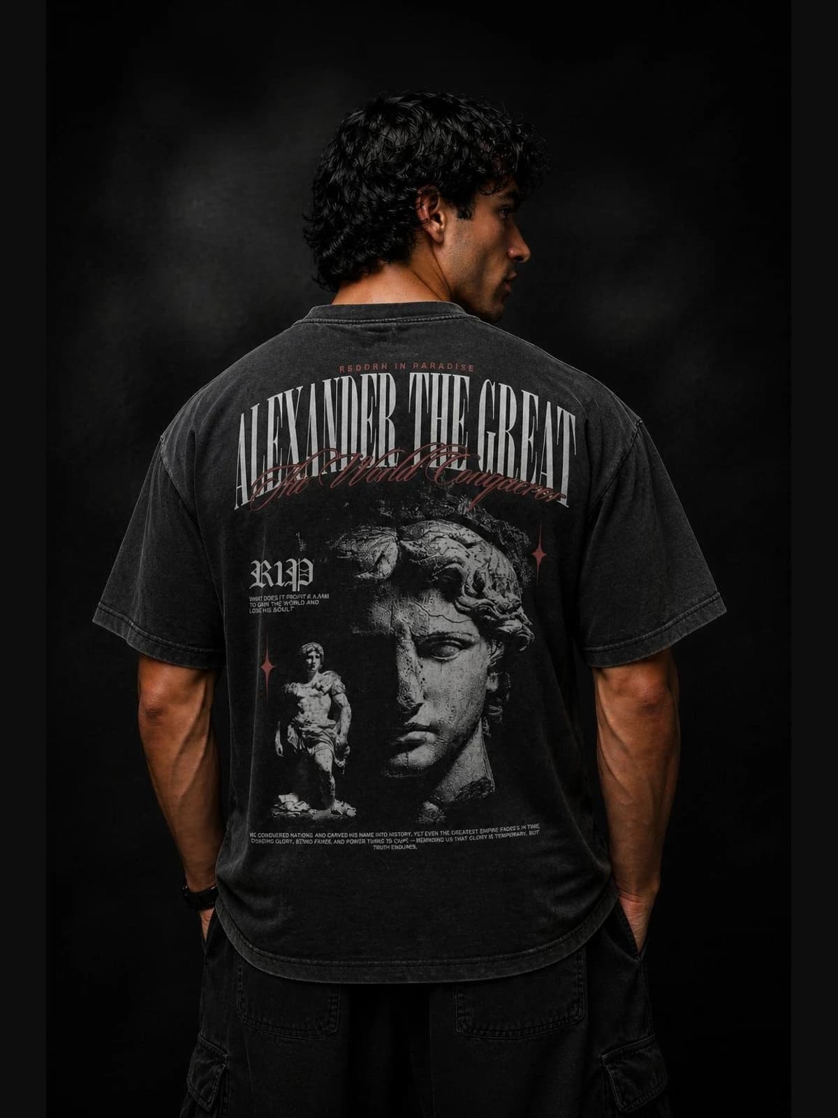 R1PFITNESS Alexander The Great Oversized Tee – The World Conqueror back view. oversized faith. R1P Fitness, Waipahu, HI