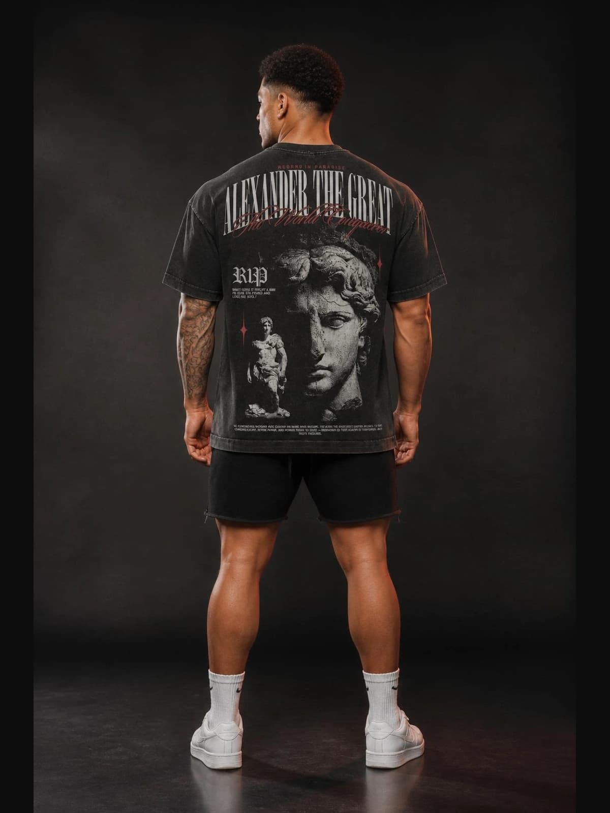 R1PFITNESS Alexander The Great Oversized Tee – The World Conqueror back view. oversized faith. R1P Fitness, Waipahu, HI
