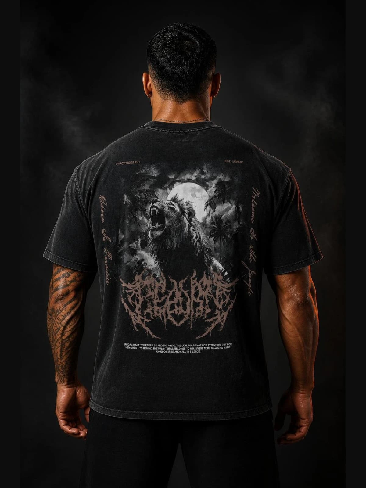 Lion: Regal Rage — Vintage Wash Oversized Tee | R1PFITNESS back view. oversized apparel. R1P Fitness, Waipahu, HI