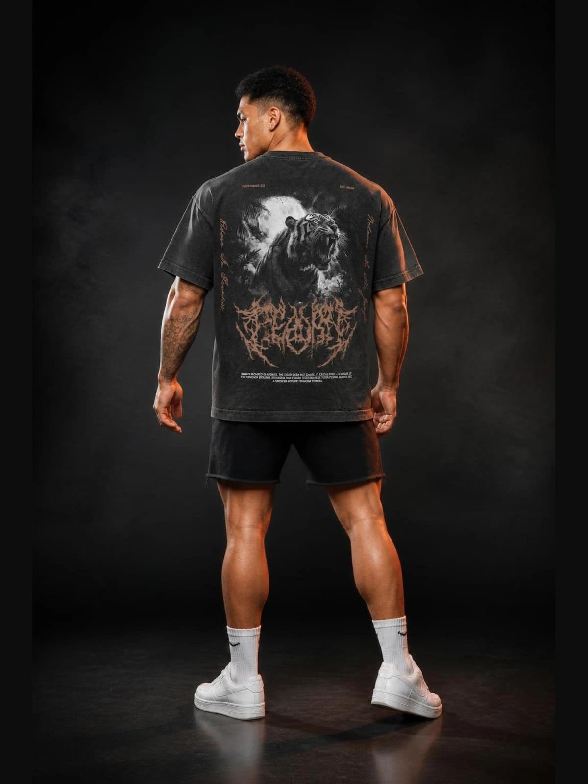 Tiger : Shadow Hunter — Vintage Wash Oversized Tee | R1PFITNESS back view. oversized apparel. R1P Fitness, Waipahu, HI