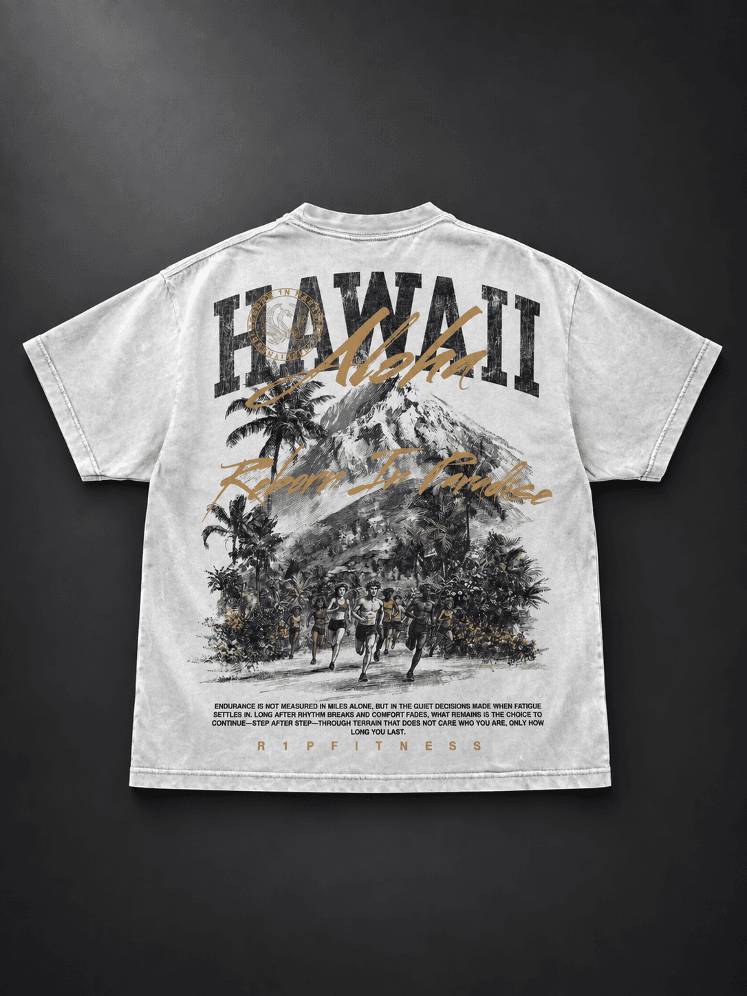 Hawaii Aloha Endurance white tee — full back view on charcoal studio backdrop