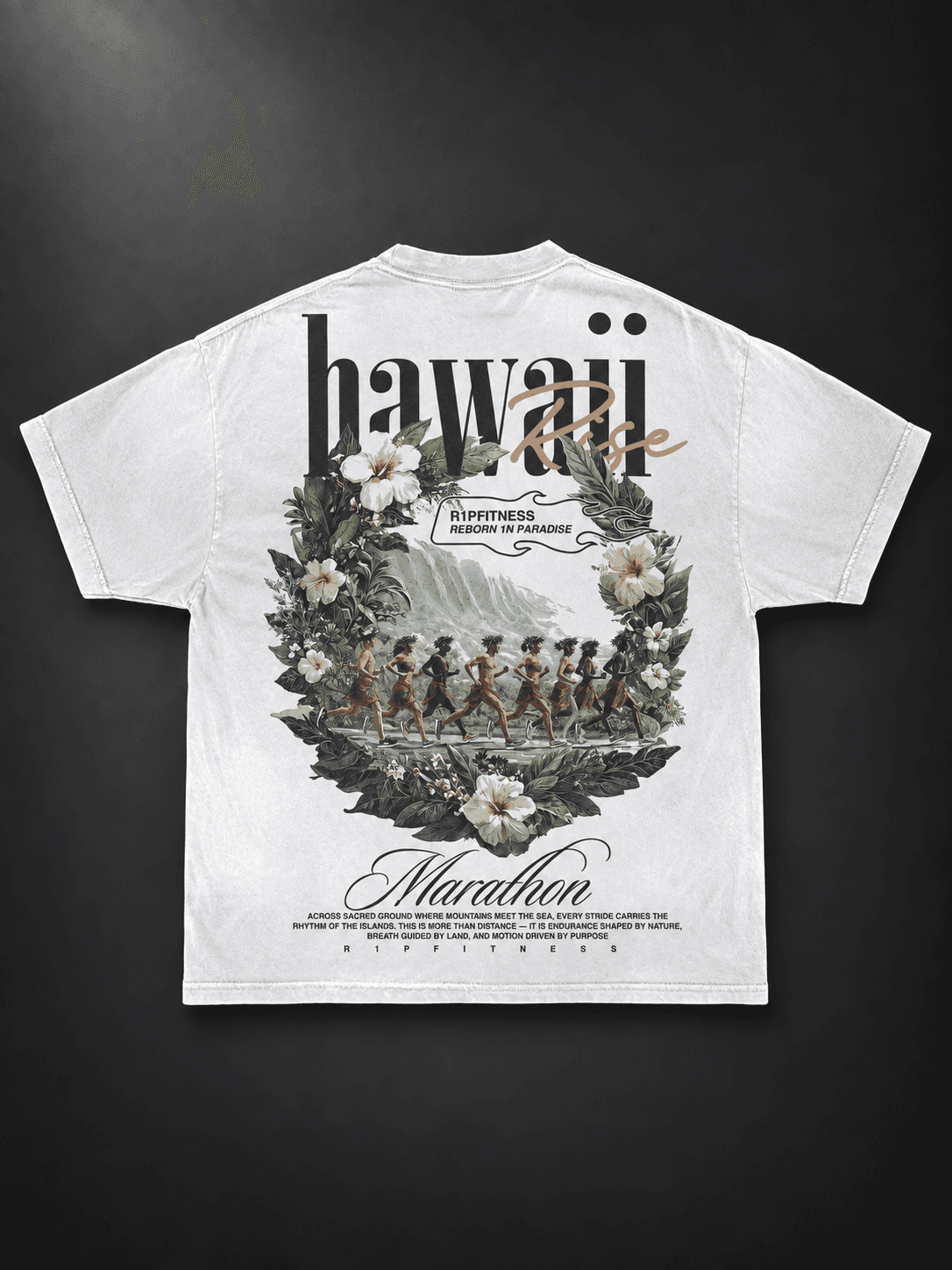 Hawaii Marathon Rise white tee — full back view on charcoal studio backdrop