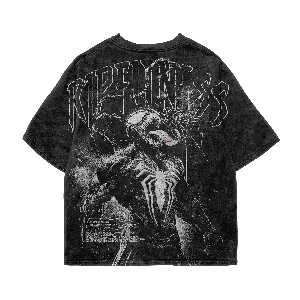 R1PFITNESS Venom washed black tee back with monochrome character, long tongue and arched lettering