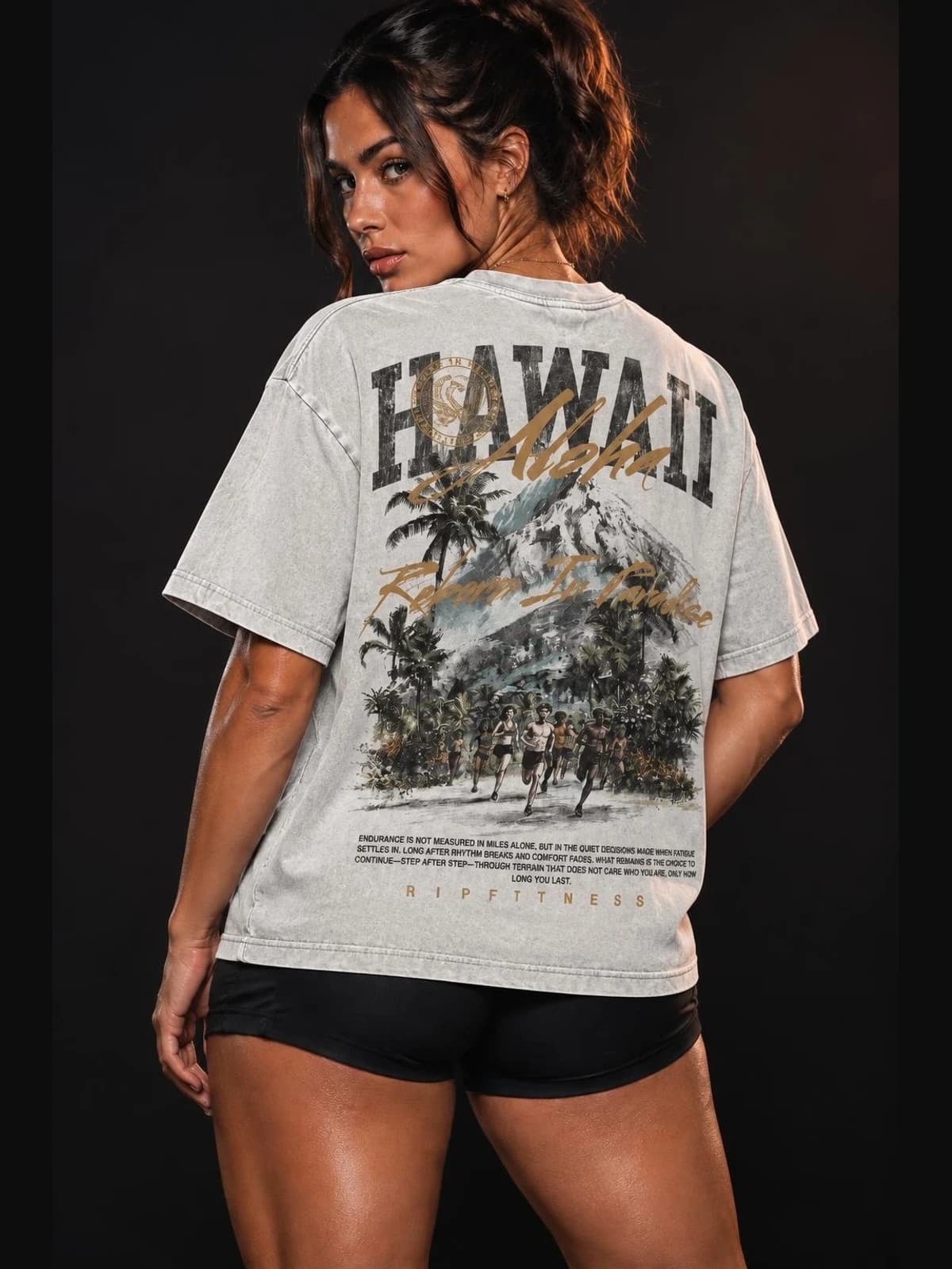 Hawaii Aloha Endurance Tee — Reborn In Paradise (Vintage Sand) back view. oversized apparel. R1P Fitness, Waipahu, HI