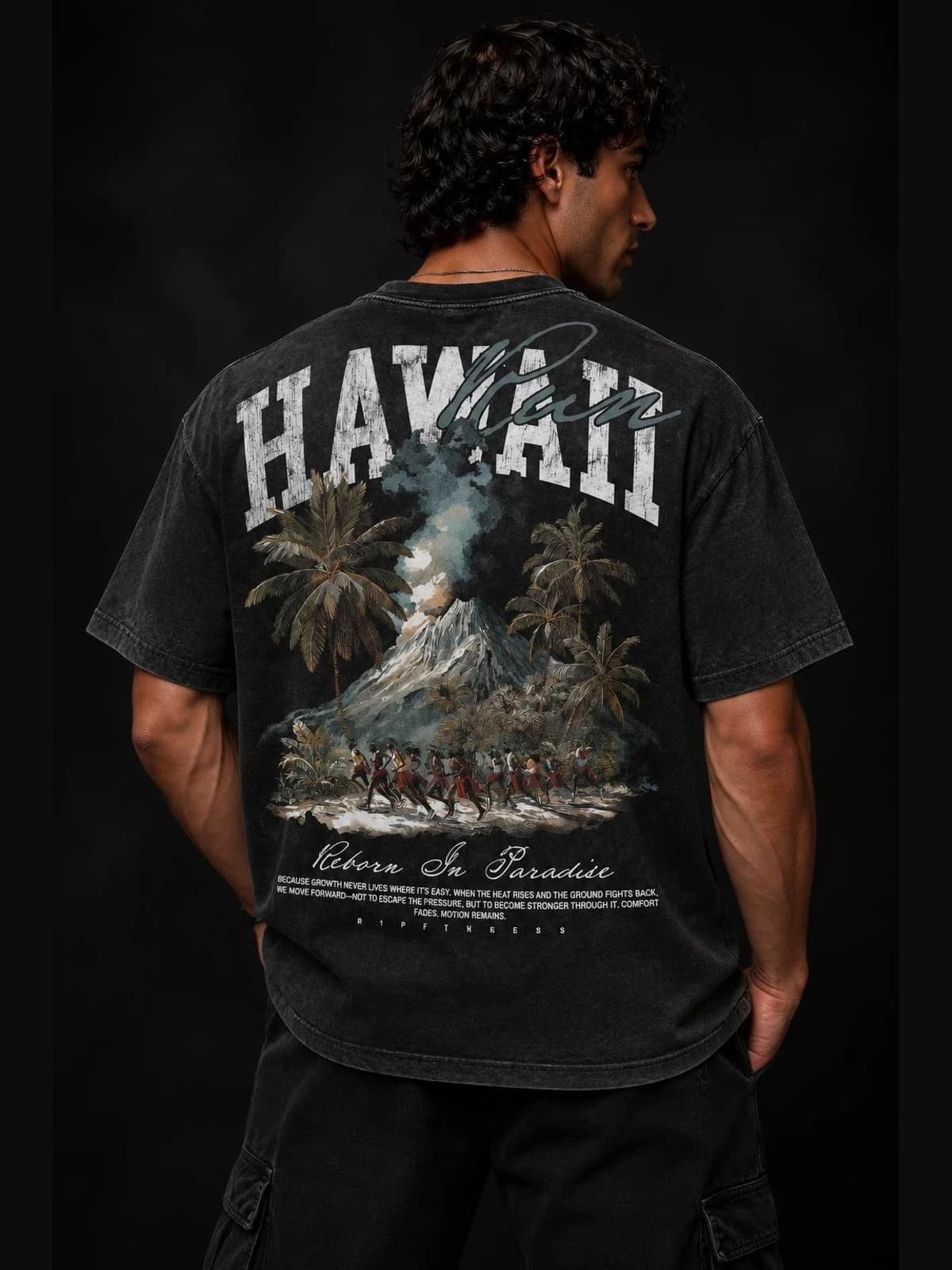 Hawaii Pele — Reborn In Paradise Volcano Tee back view. oversized apparel. R1P Fitness, Waipahu, HI
