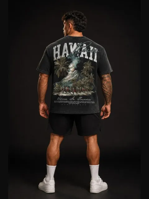 Hawaii Pele — Reborn In Paradise Volcano Tee back view. oversized apparel. R1P Fitness, Waipahu, HI