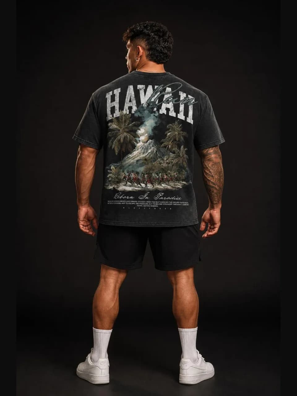 Hawaii Pele — Reborn In Paradise Volcano Tee back view. oversized apparel. R1P Fitness, Waipahu, HI