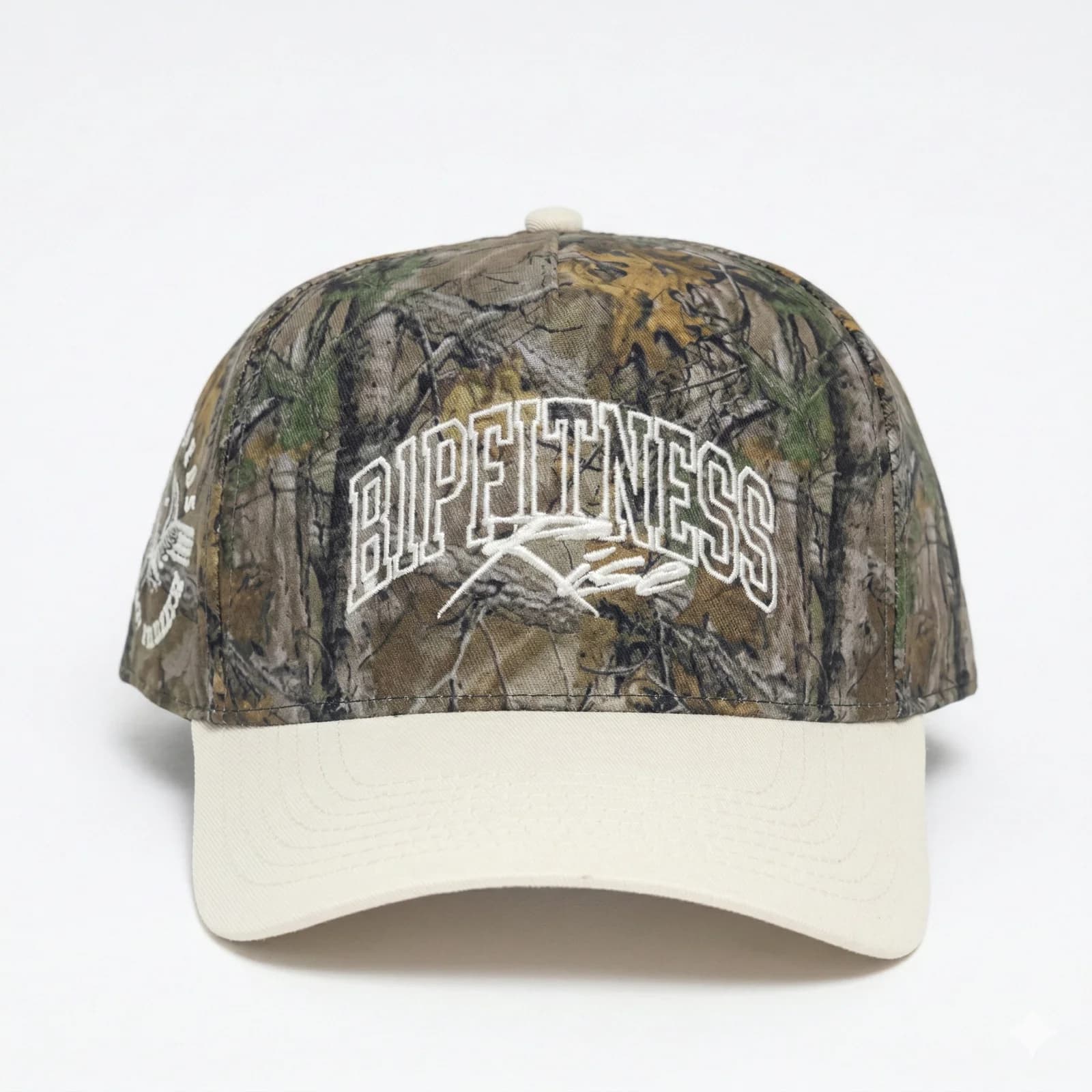 R1PFITNESS 5 Panel Hat — Camo Classic (Cream Brim)