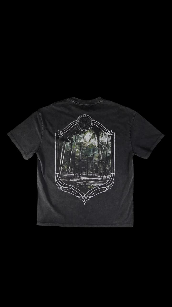 R1P Fitness “Reborn in Paradise” Acid Wash Black Tee