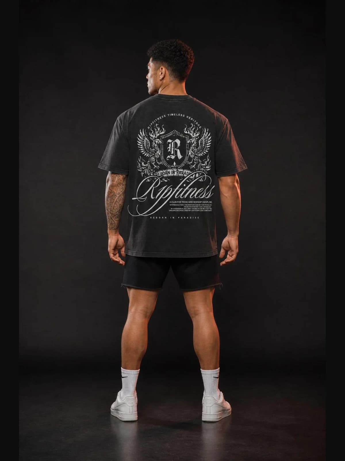 R1P Discipline Club Acid Wash Black Gym Tee back view. oversized apparel. R1P Fitness, Waipahu, HI