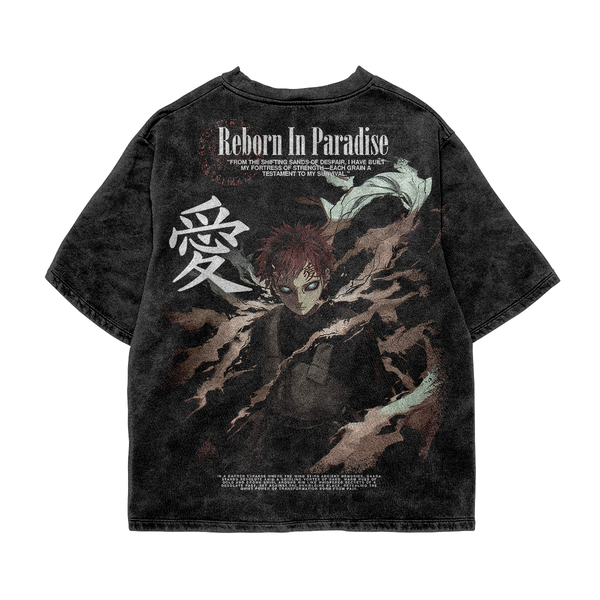 Back of Gaara Vintage Naruto T-Shirt featuring sand gourd, love kanji, and desert-themed anime art – oversized streetwear tee