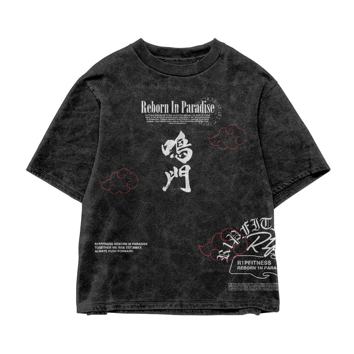 Front design of Pain Oversized Naruto Tee – Rinnegan eyes and facial piercings in black streetwear style