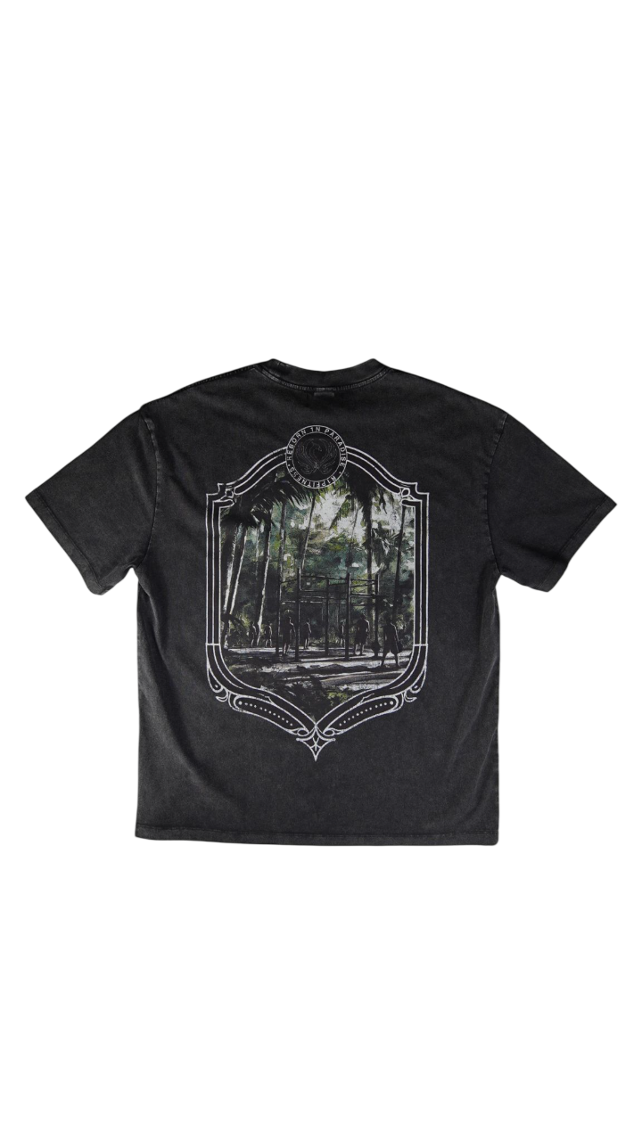 R1P Fitness “Reborn in Paradise” Acid Wash Black Tee
