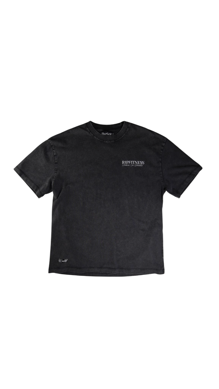 R1P Fitness “Reborn in Paradise” Acid Wash Black Tee